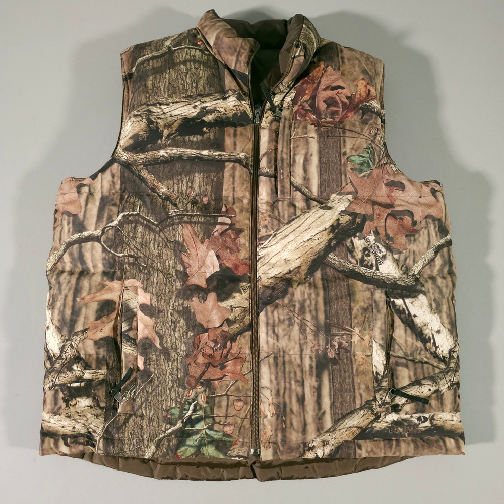 LL Bean Reversible Puffer Vest Mens Large Brown Camo Down Insulated Mossy Oak